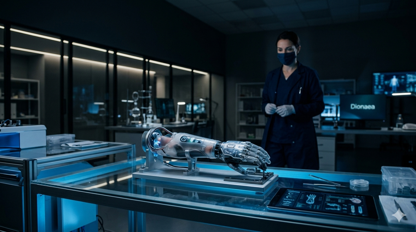 Cinematic view of a medical device under development in a high-end research lab, representing Dionaea's investigation into IP infringement in the medical sector.