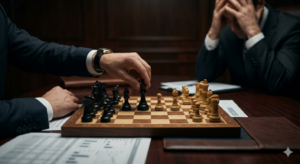 A close-up of a chess game between a HUMINT operator and a stressed business partner, symbolizing strategic intelligence in a shareholder dispute.