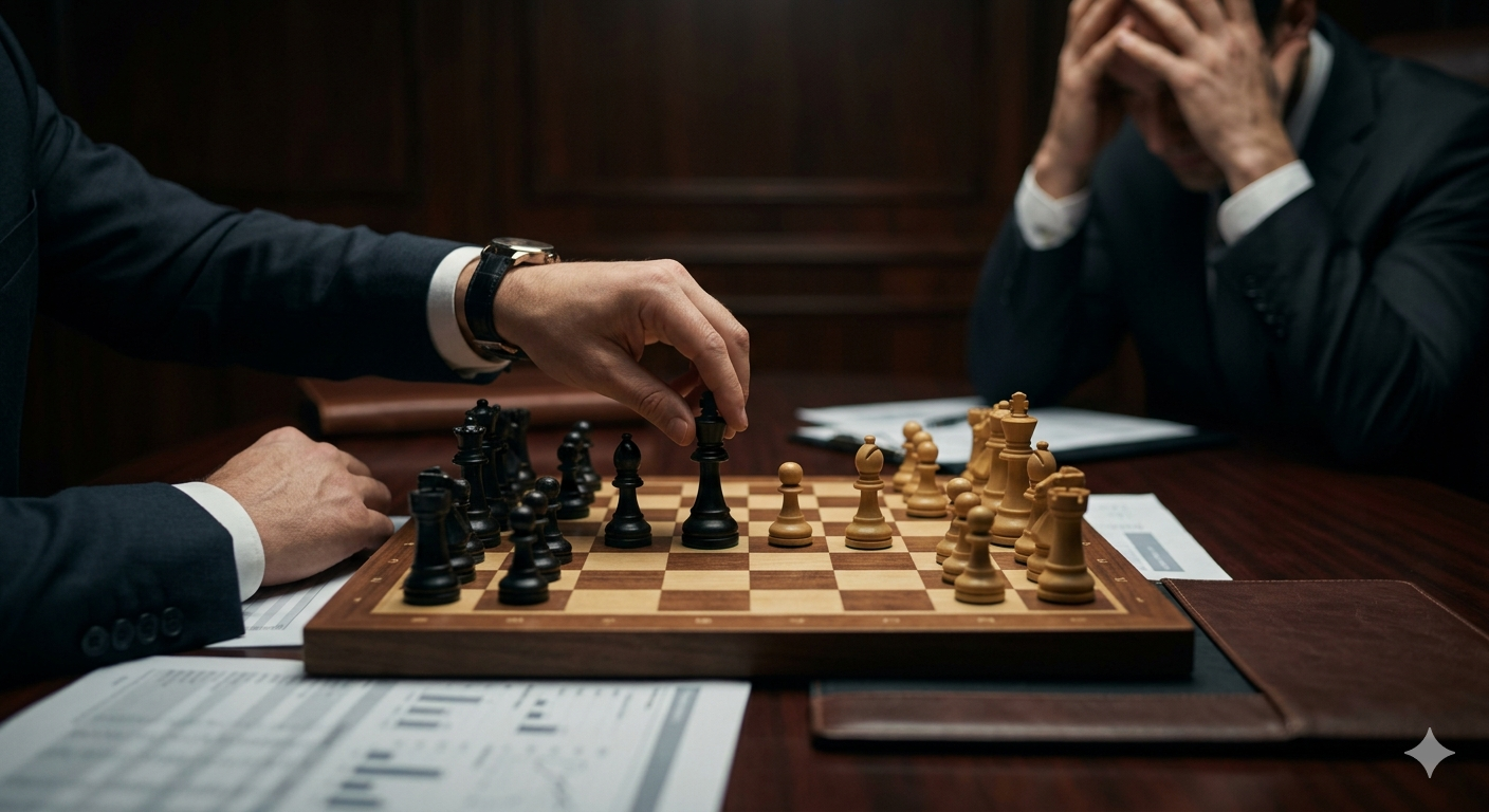 A close-up of a chess game between a HUMINT operator and a stressed business partner, symbolizing strategic intelligence in a shareholder dispute.