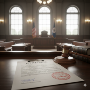 A close-up of a legal evidence document on a judge's desk in a courtroom, featuring a red official seal and a signature, symbolizing legally obtained intelligence for litigation.