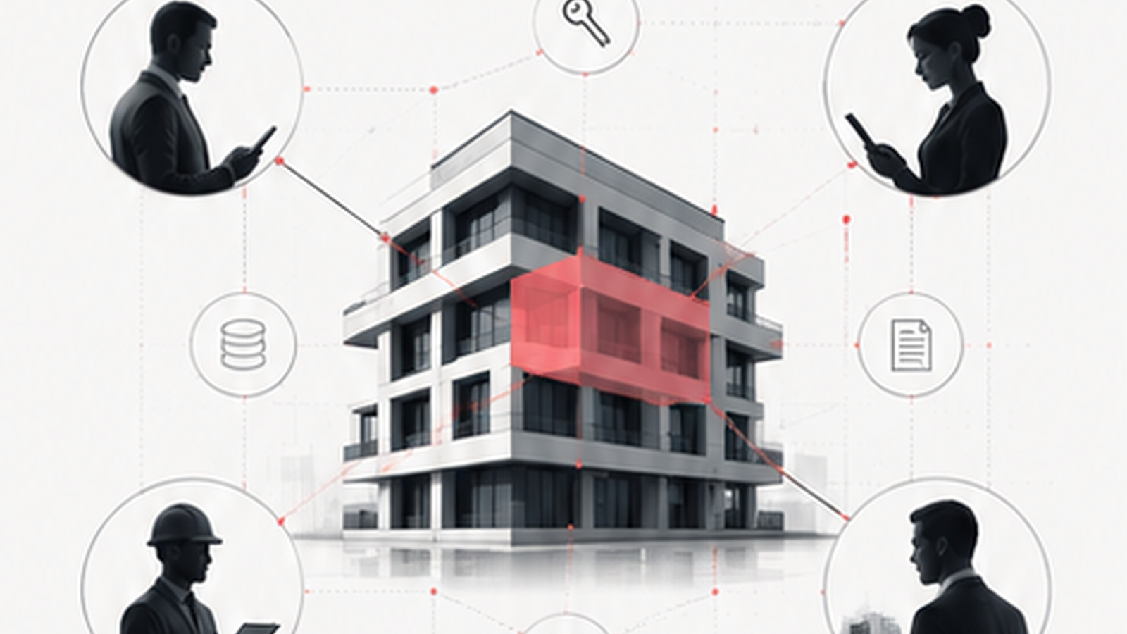 Real estate intelligence visual showing a property connected to key individuals involved in a complex property matter