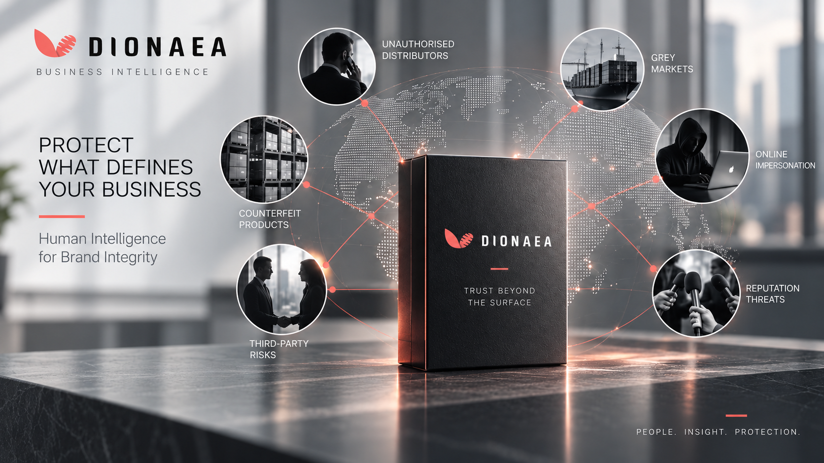 Brand protection intelligence visual showing a protected brand connected to people and commercial channels