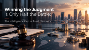Illustration of cross-border asset recovery featuring a judge's gavel, international property assets and connected financial structures